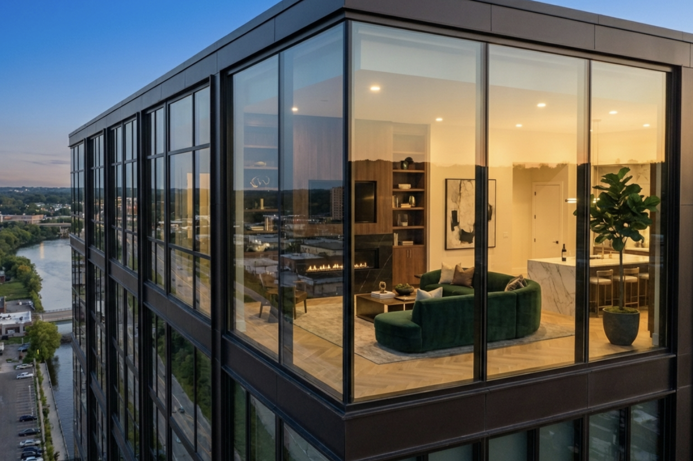 Glass corner residence at dusk