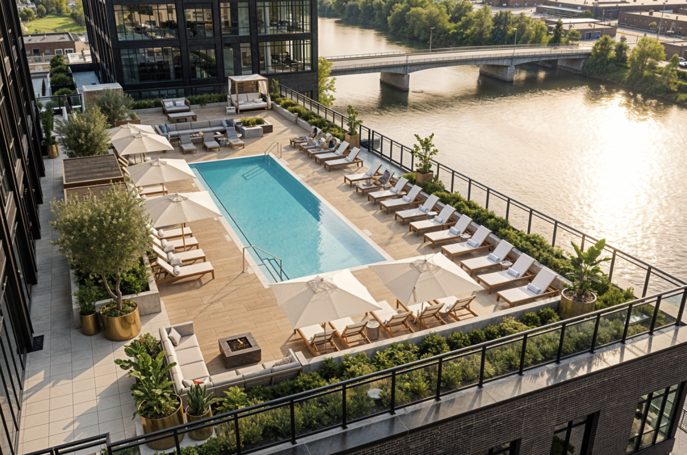 Rooftop pool deck above the river