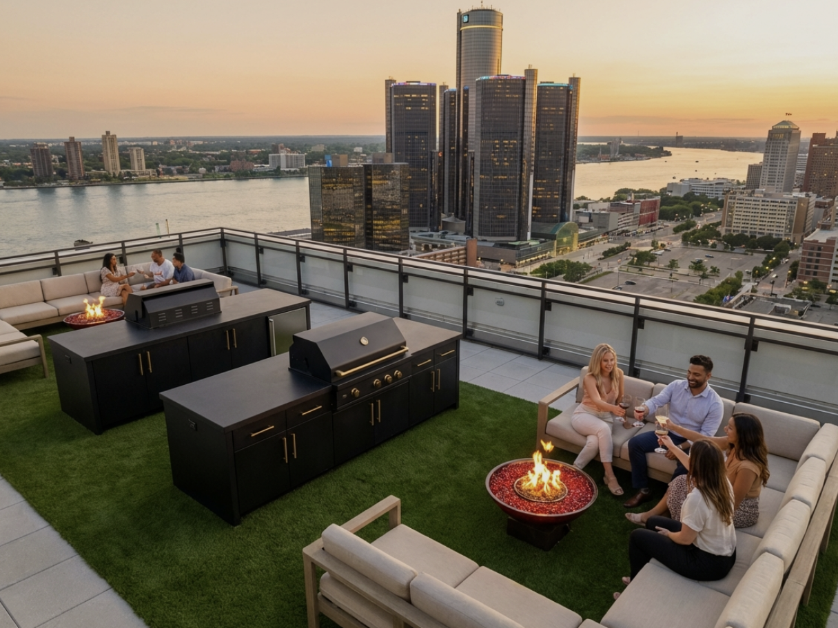 Rooftop amenity deck overlooking downtown Detroit